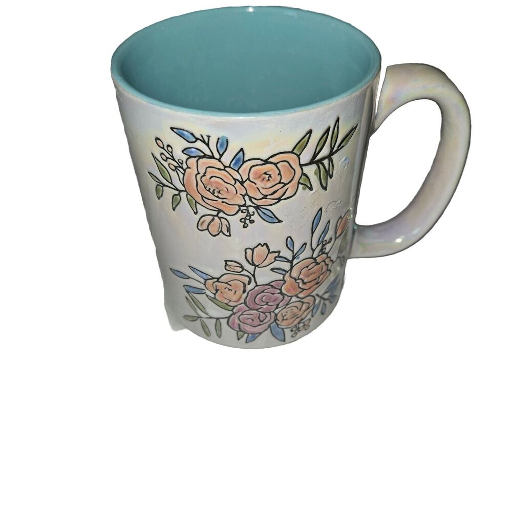 Spectrum Luster Glaze Iridescent Floral Double Sided Mug W Baby Blue Interior